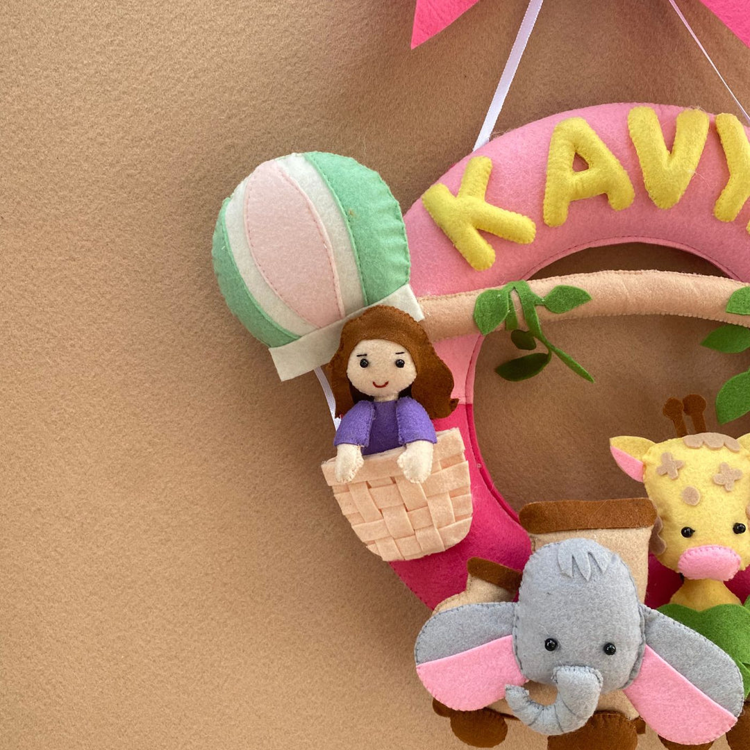Personalized Kids Jungle Themed Round Felt Nameplate For Girls - Close-up of Hanging Plush Ornament