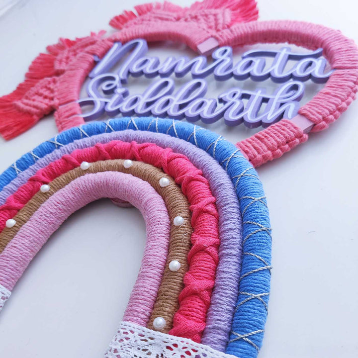 Personalized Handmade Macrame Pink Heart Shaped Kids Name Plate With 3D Letters - Close-up of Name Personalization