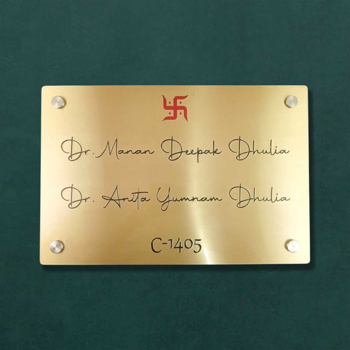 Personalized Weatherproof Swastik Theme Stainless Steel Name Plate