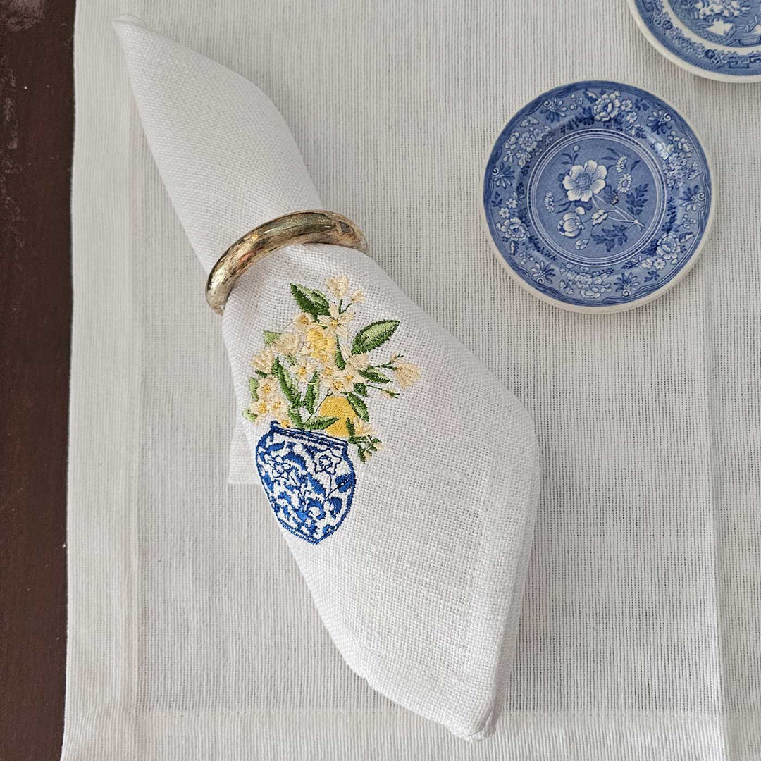 4 Pc | Embroidered White & Blue Pottery Cotton Napkin
