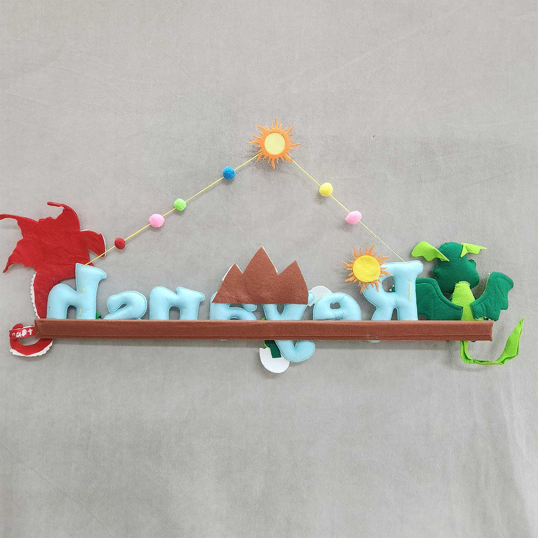 Personalized Dragon Theme Felt Kids Name Plate - Hanging View Showing Full Design