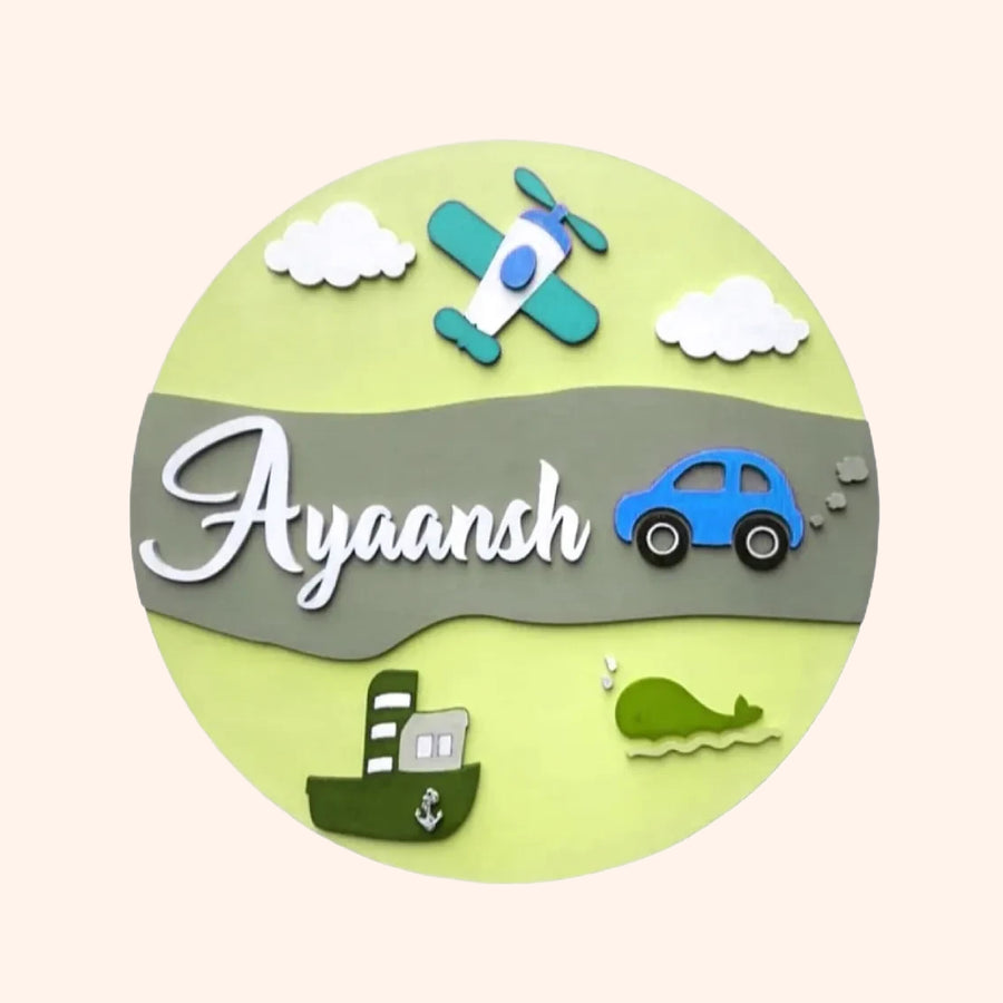 Transport Theme Kids Name Plate - Front View with Name Personalization
