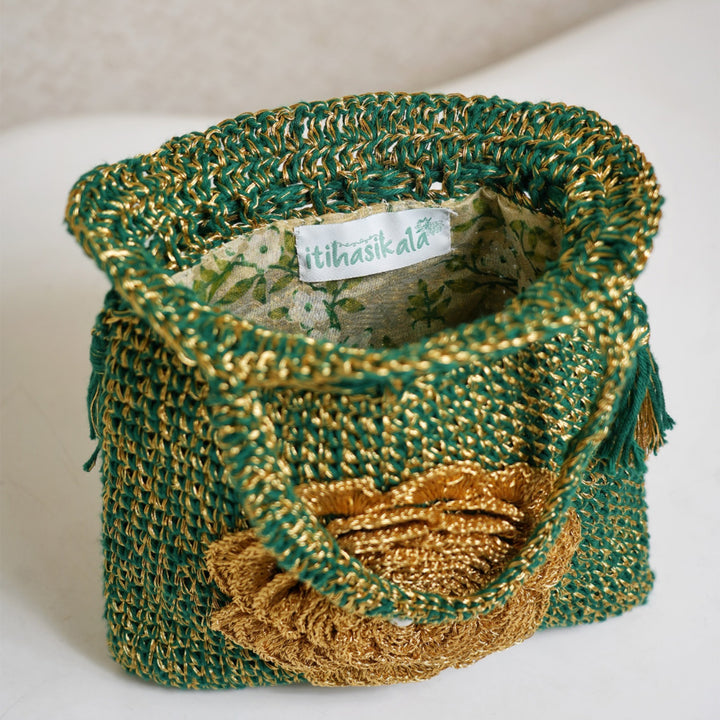 Handmade Crochet Emerald & Golden Potli