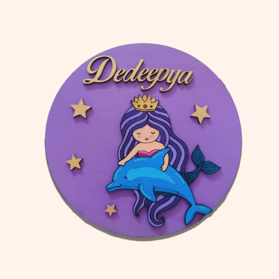 Mermaid Theme Kids Name Plate - Front View with Name Personalization