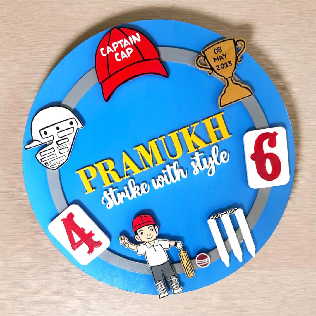 Personalized Cricket Theme MDF Wood Kids Name Plate