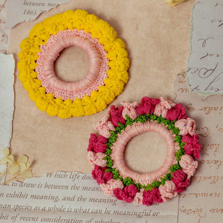 Handmade Crochet Guncha Yellow Pink Foliage Bloom Scrunchie | Set Of 2
