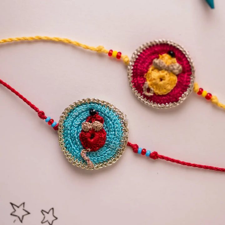 Handmade Crochet Cute Mouse Theme Kids Rakhi With Roli Chawal Set Of 2 - Side angle showing string details
