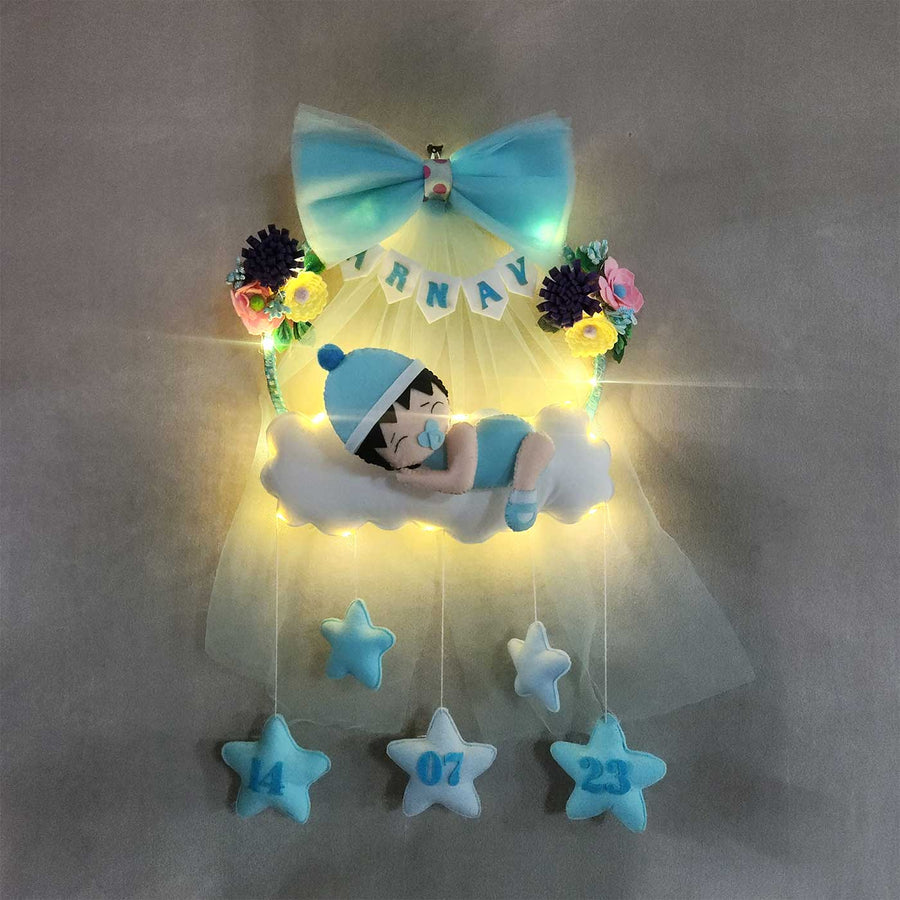 Personalized Cloud Theme Felt Kids Name Plate For Boys - Front View with LED Lighting