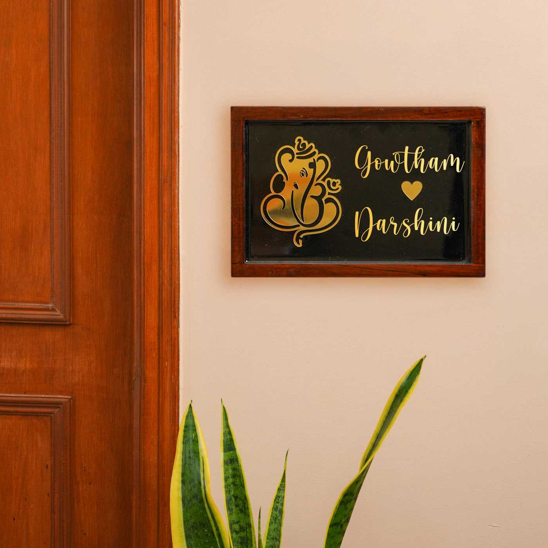Personalized Ganesha Theme Resin Name Plate With Teak Wood Border For Couples - Mounted on Entryway Wall