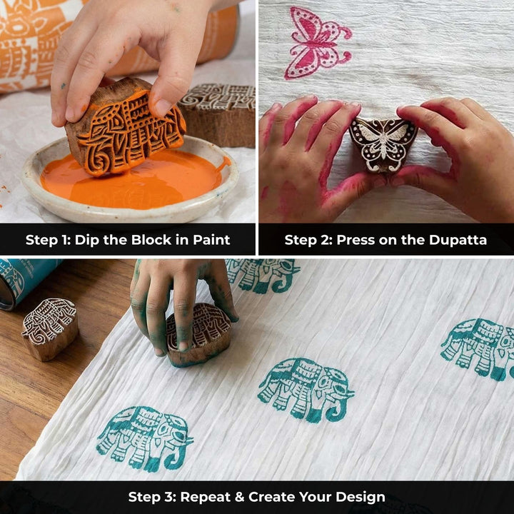Yellow Floral Dupatta Block Print DIY Kit | Includes 1 White cotton dupatta, 1 Fabric paint, 1 Wooden block And 1 Sponge