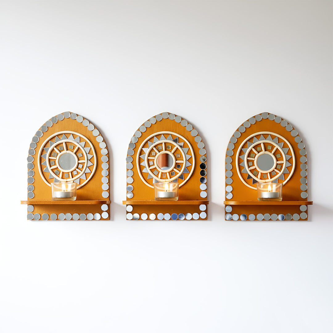 Hand-Painted Mirror Work Sunburst MDF Wood Tealight Holder