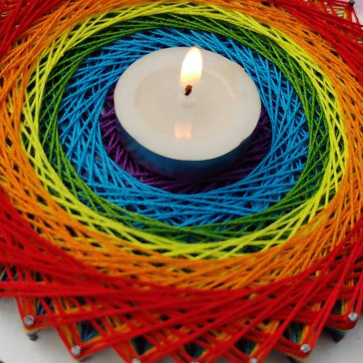 Handmade String Art Rainbow Design Wooden Tealight Holder With Tealight Candle