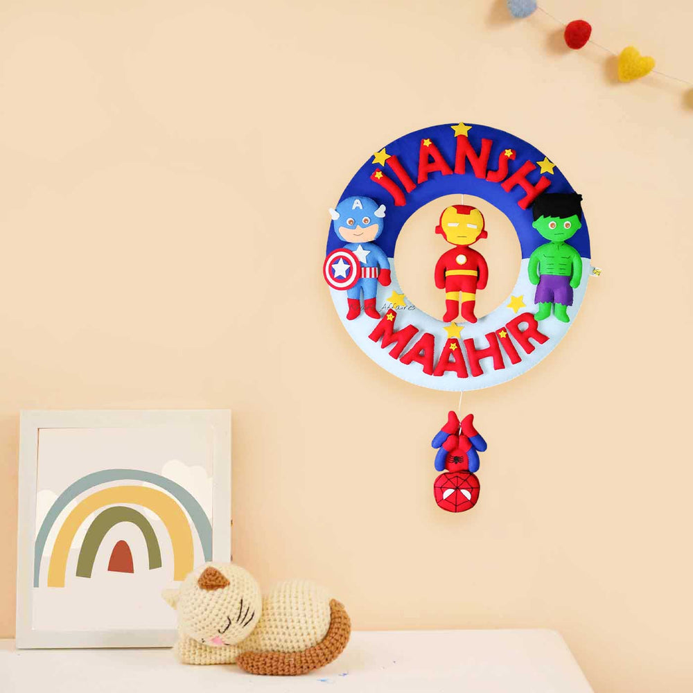 Personalized Avengers Theme Felt Kids Name Plate For Siblings - Mounted on Wall with Hanging Decor