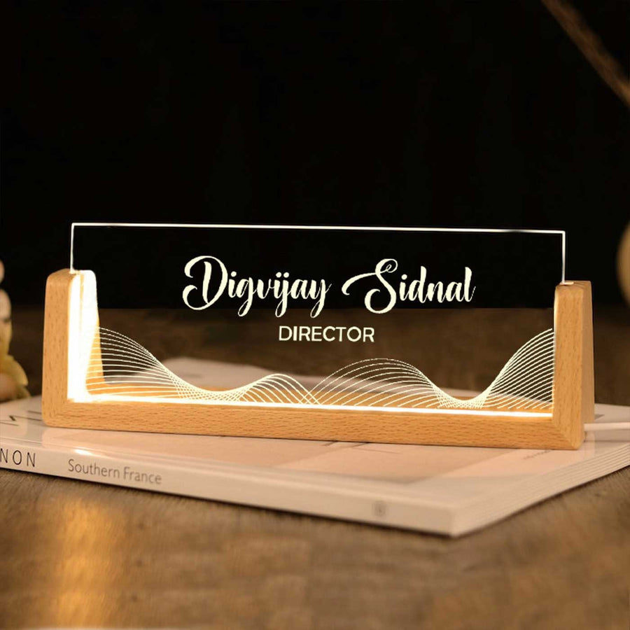 Personalized Profession Wave Pattern Sleek Glass Desk Nameplate With Led Light - Front View on Wooden Stand