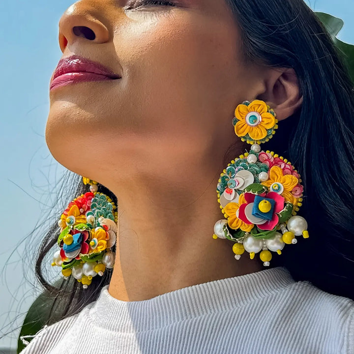 Hand Embroidered Beaded Floral Garden Of Eden Style Cotton Earrings