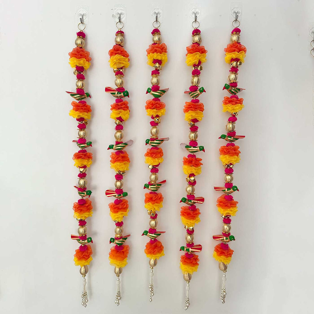 5 Pc | Handmade Decorative Yellow & Orange Parrot Hangings With Tissue Fabric Flowers