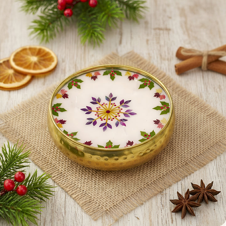 5 Inch | Handmade Pressed Flower Decorative Brass Candle | Packed in a Gift Box
