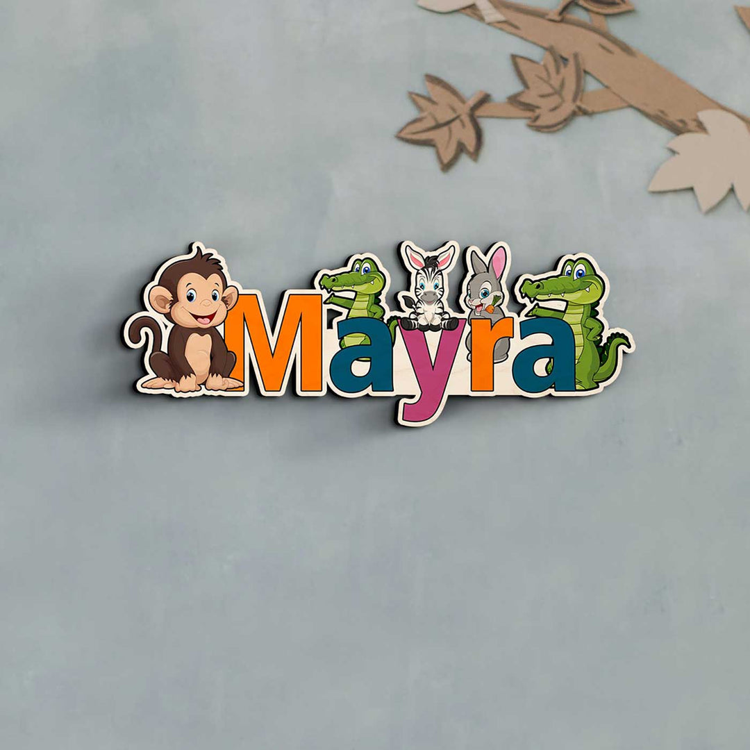 Kids Animal Theme Printed Name Plate 1 - Front View on Wall Background