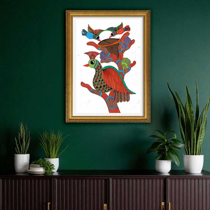 6 x 8 Inch | Bird Family With Nest | Original Hand painted Tribal Gond Art Painting | Acrylic Paints On Paper