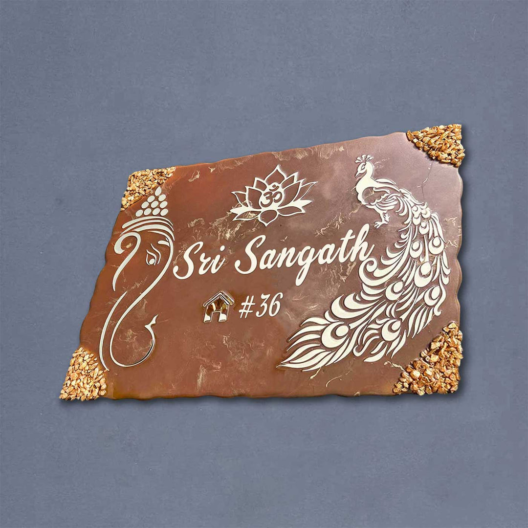 Personalized Metallic Brown Ganesha And Peacock Theme Resin Name Plate - Flat Lay Front View
