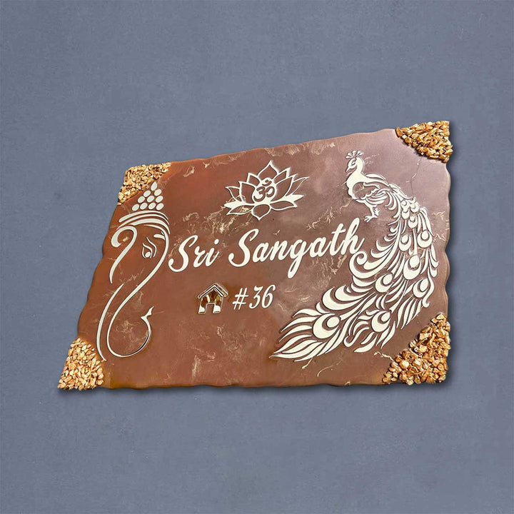 Personalized Metallic Brown Ganesha And Peacock Theme Resin Name Plate - Flat Lay Front View