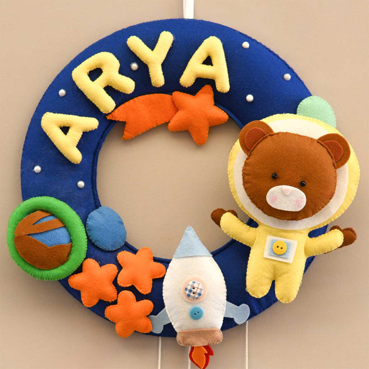 Personalized Space Voyager Theme Round Felt Kids Nameplate - Front View Hanging Display