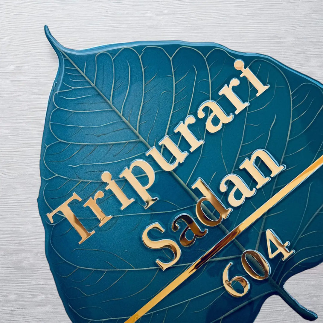 Blue Personalized Leaf Shape Resin Name Plate | With 3D Acrylic Letters