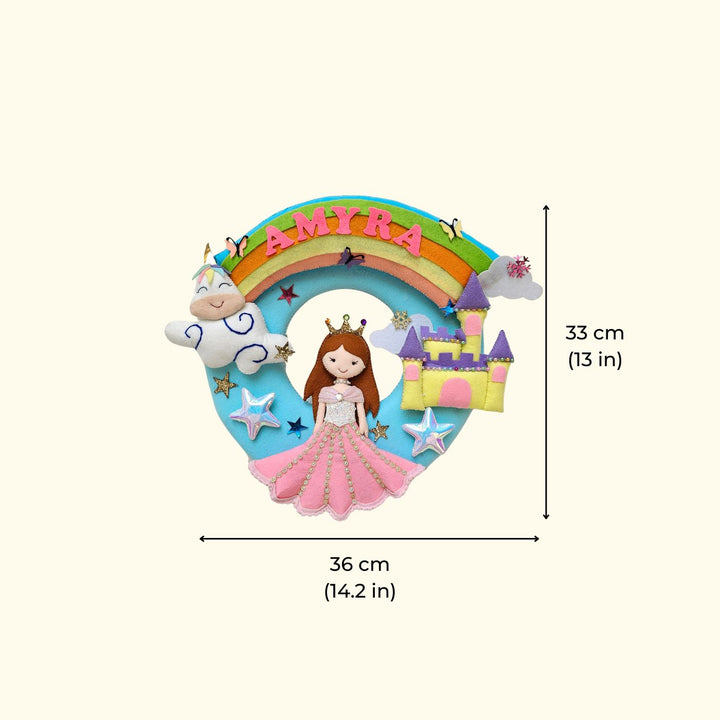 Handcrafted Personalized Unicorn With Swing Felt Nameplate For Girls - Dimension Chart with Personalization