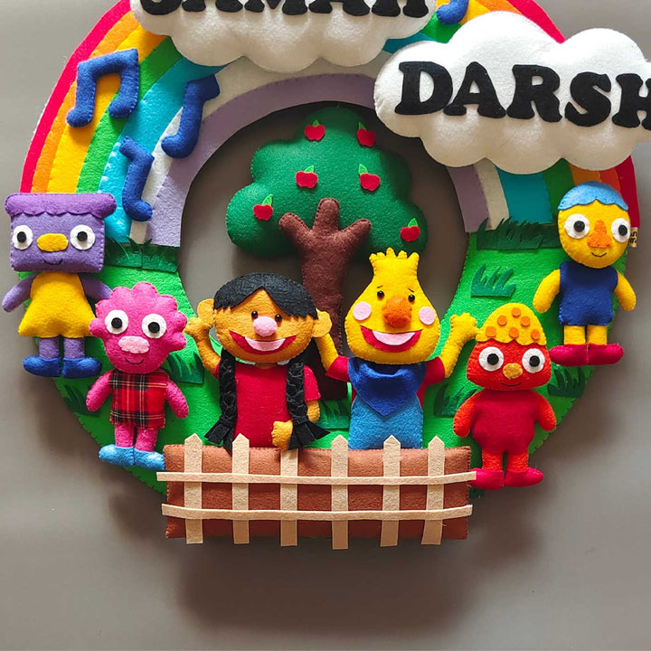 Personalized Super Simple Theme Felt Kids Name Plate For Siblings - Front View with Character Figures