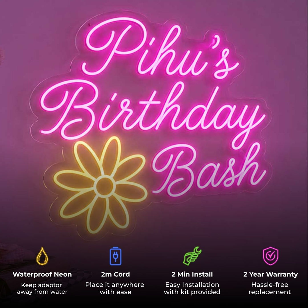 Personalized Birthday Bash Neon Light Sign Board with Flower Motif