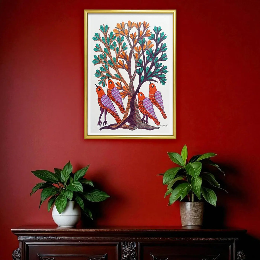 11 x 16 Inch | Birds Resting Under Tree | Original Hand Painted Tribal Gond Art Painting | Acrylic Paint On Paper