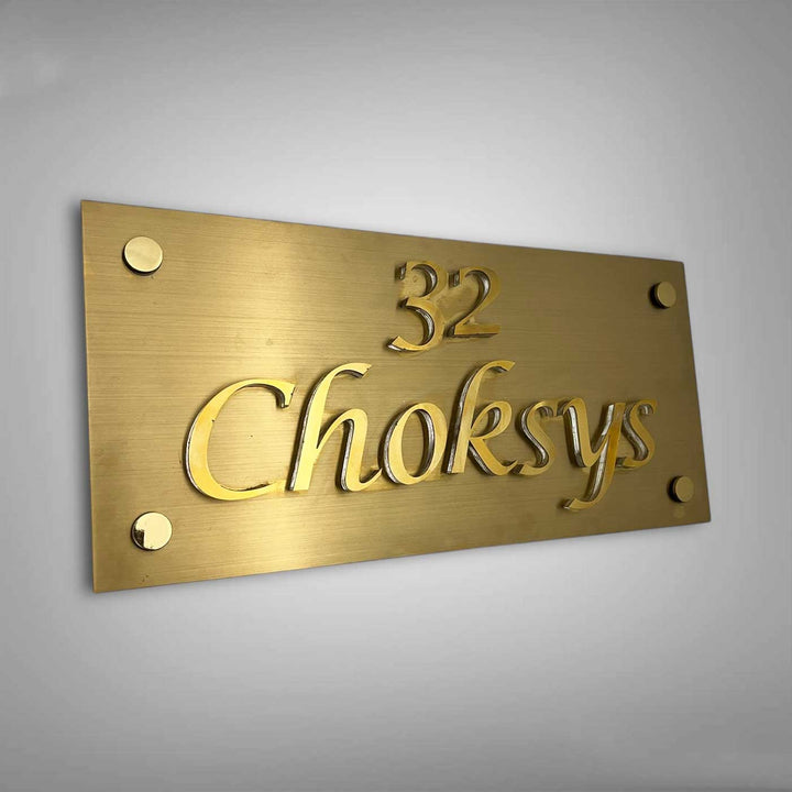 Personalized Weatherproof Rectangle Engraved Gold Stainless Steel Name Plate - Front Angle View Showing Depth
