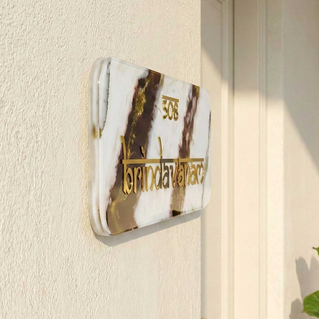 White & Brown Personalized Marble Effect Rectangle Resin Name Plate | With 3D Acrylic Letters