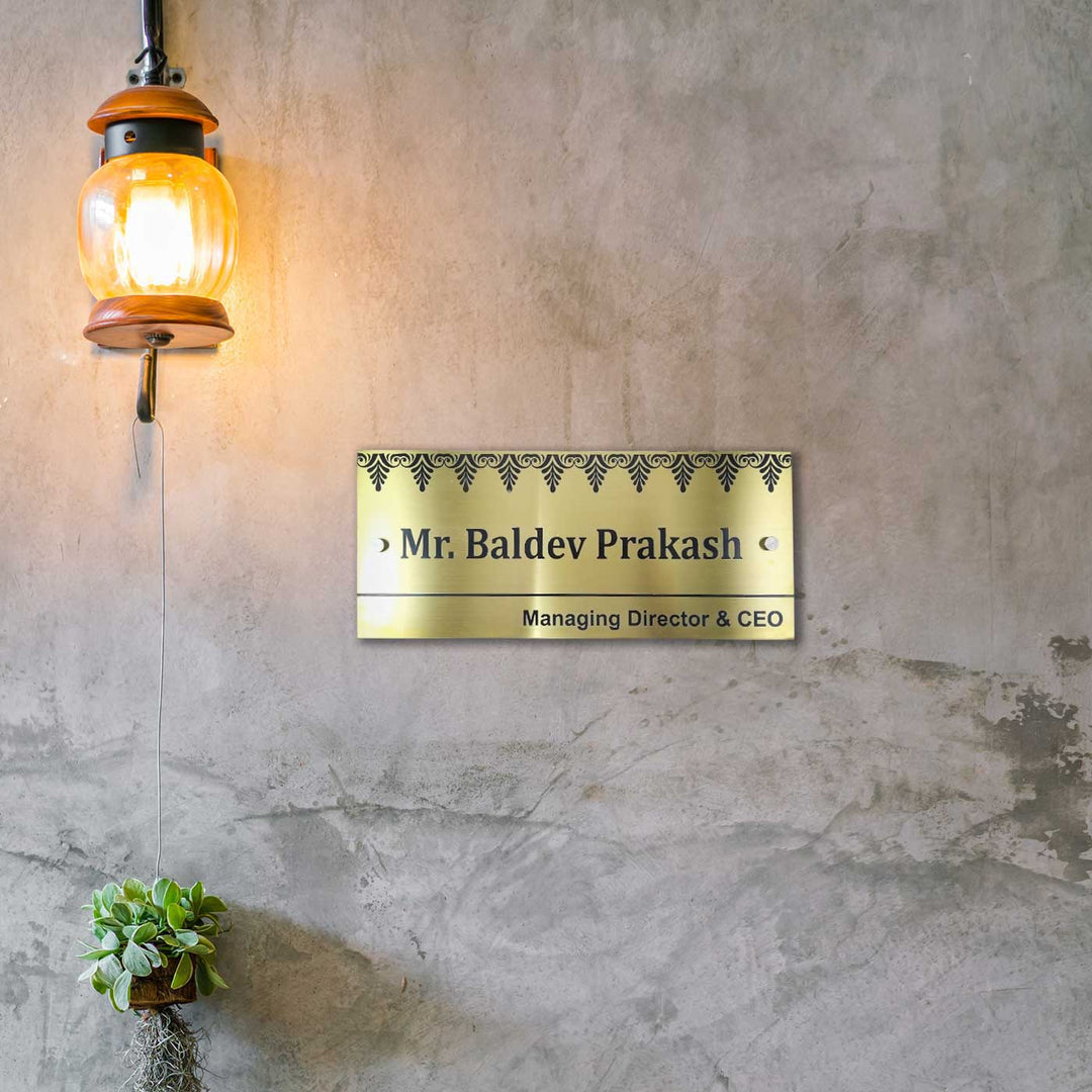 Personalized Weatherproof Luxurious Gold Stainless Steel Name Plate - Mounted on Wall Showing Nameplate