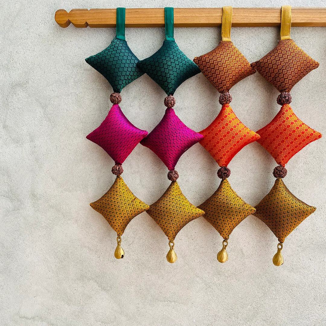15 Inch Assorted Handmade Kite Design Beads & Rudraraksh Khunn Fabric Hanging | Set Of 4