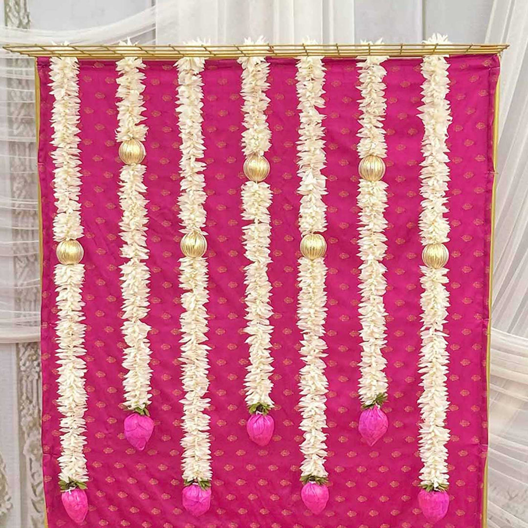 Pink Brocade Pooja Backdrop Decor Kit With Jaali Stand & Lotus Tassels
