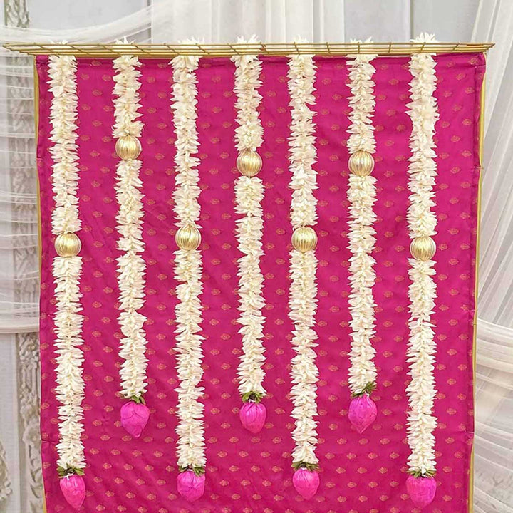 Pink Brocade Pooja Backdrop Decor Kit With Jaali Stand & Lotus Tassels