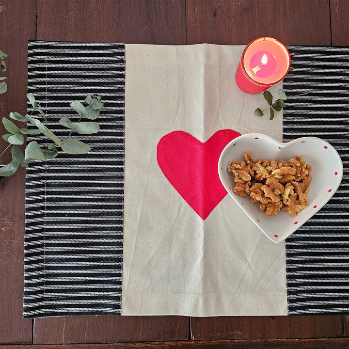 4 Pc | Red In Love Heart Motif Cotton Table Mat