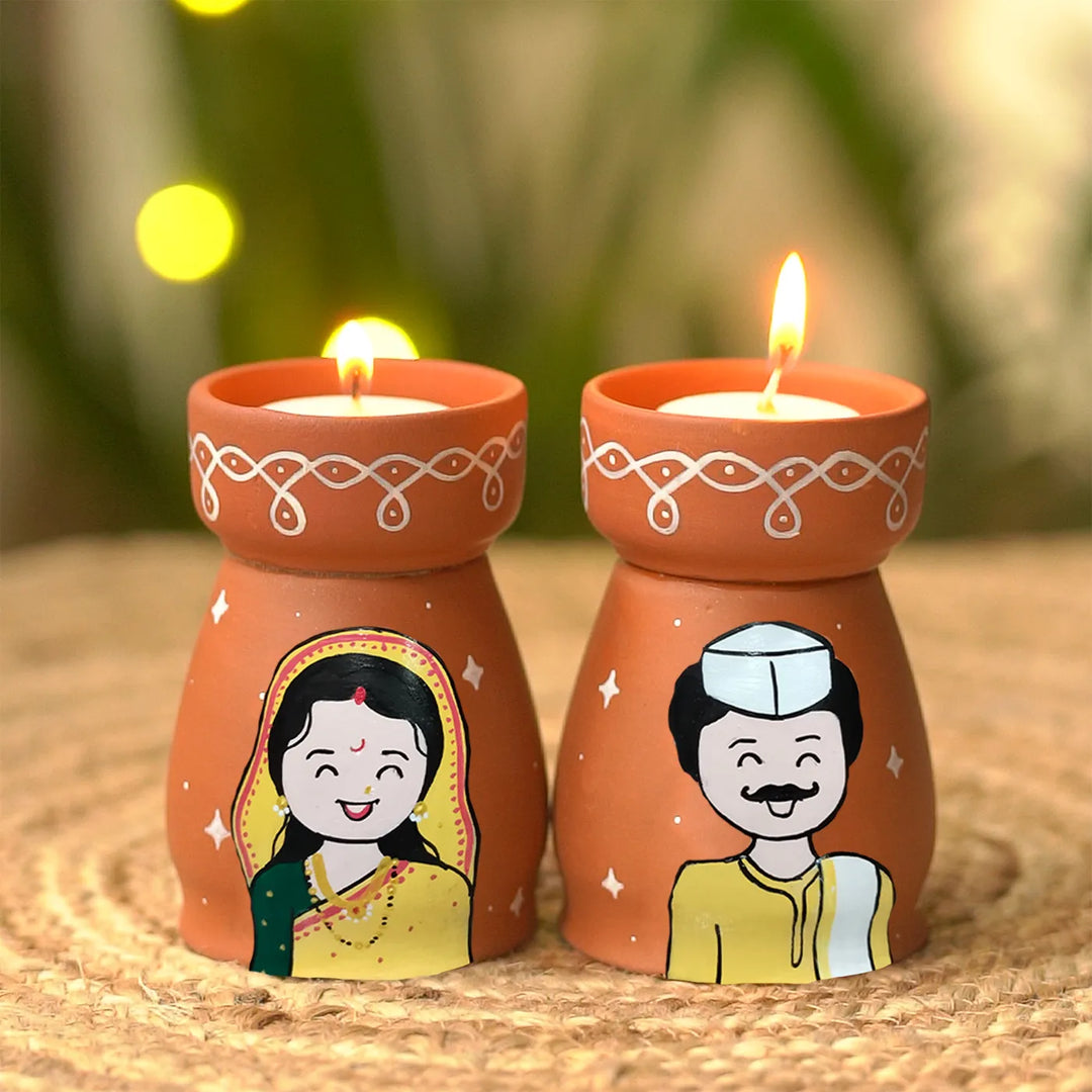 Hand-Painted Marathi Couple Terracotta Tealight Holder | Set Of 2