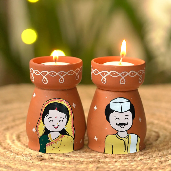 Hand-Painted Marathi Couple Terracotta Tealight Holder | Set Of 2