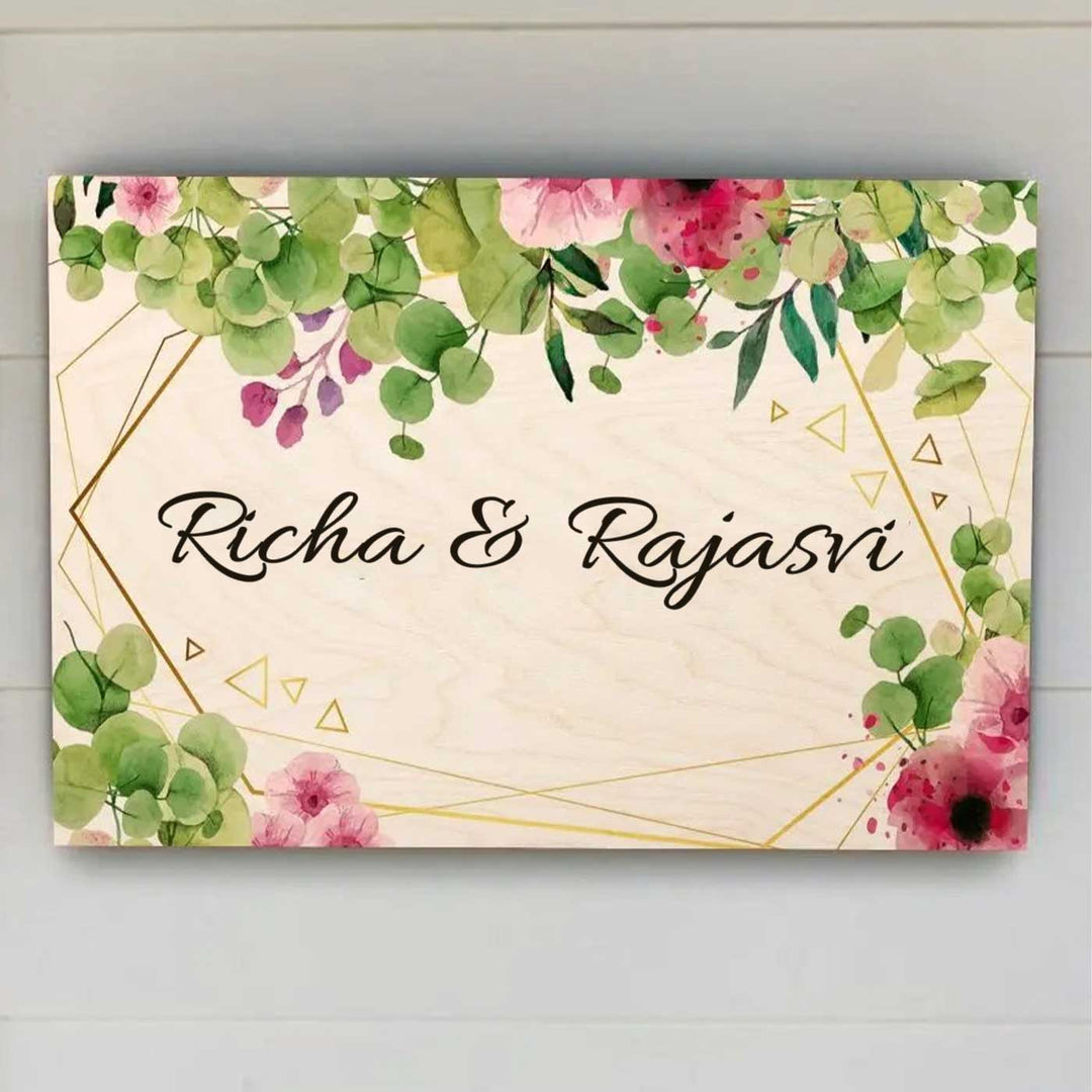 Printed Green And Pink Spring Floral Wooden Rectangle Nameplate - Front View with Name Personalization