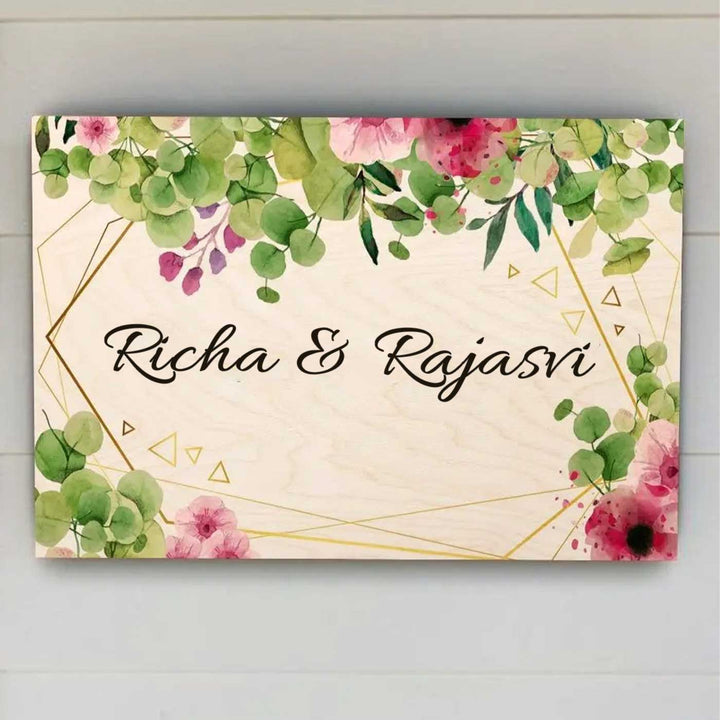 Printed Green And Pink Spring Floral Wooden Rectangle Nameplate - Front View with Name Personalization