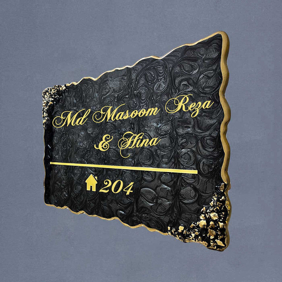 Personalized Resin Metallic Golden And Black Name Plate - Angled Side View Showing Thickness