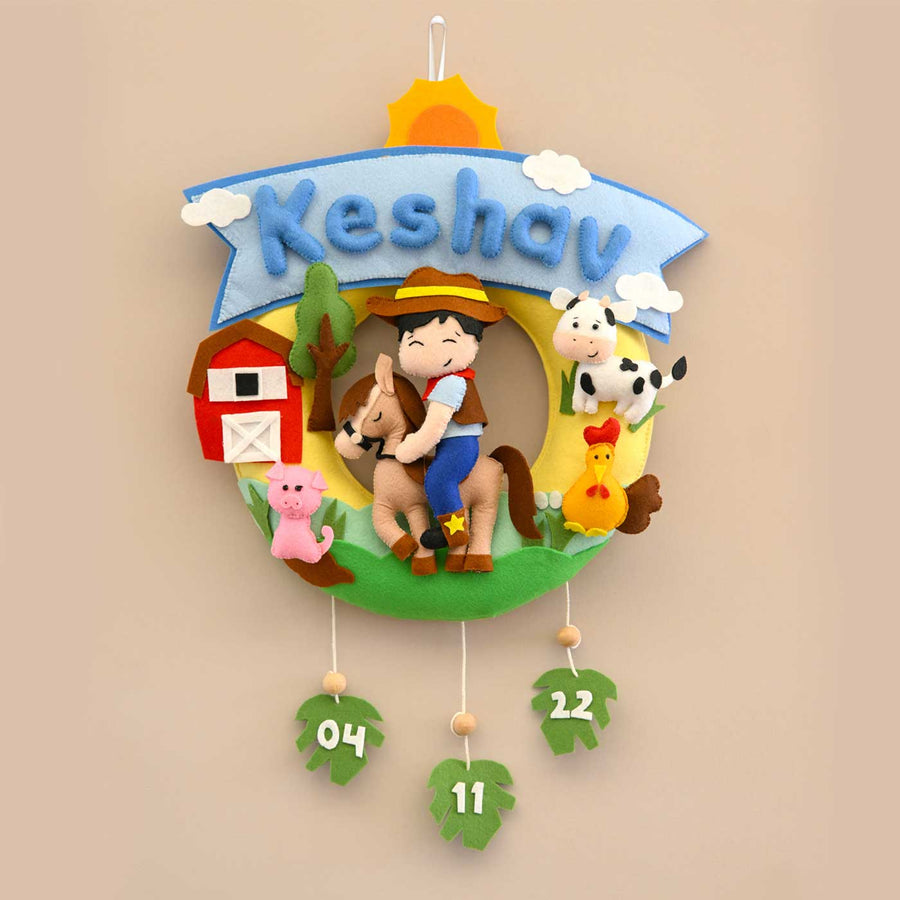 Personalized Farm Adventure Theme Round Felt Kids Nameplate - Front View Hanging with Date Tags