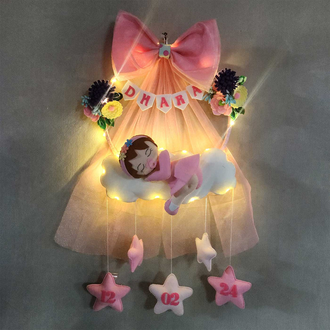 Personalized Cloud Theme Felt Kids Name Plate For Girls - Front View Hanging Wall Decor