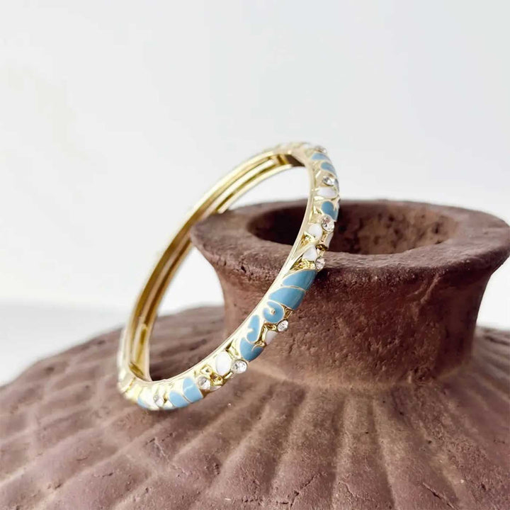 Handcrafted Floral Enamel Crystal Studded 18K Gold Plated Stainless Steel Openable Bangle - Steel Blue