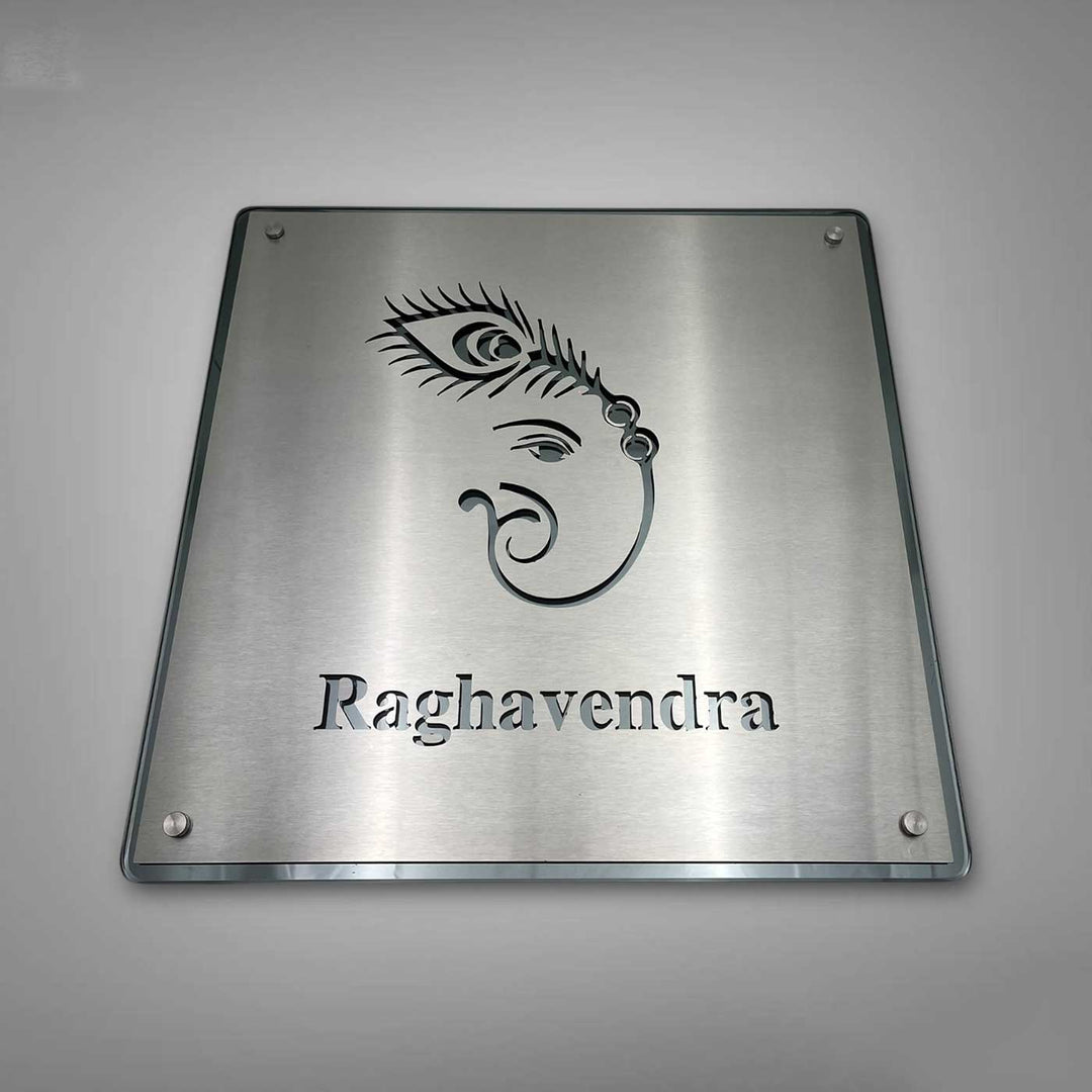 Personalized Engraved Minimalist Ganesha Theme Stainless Steel Name Plate