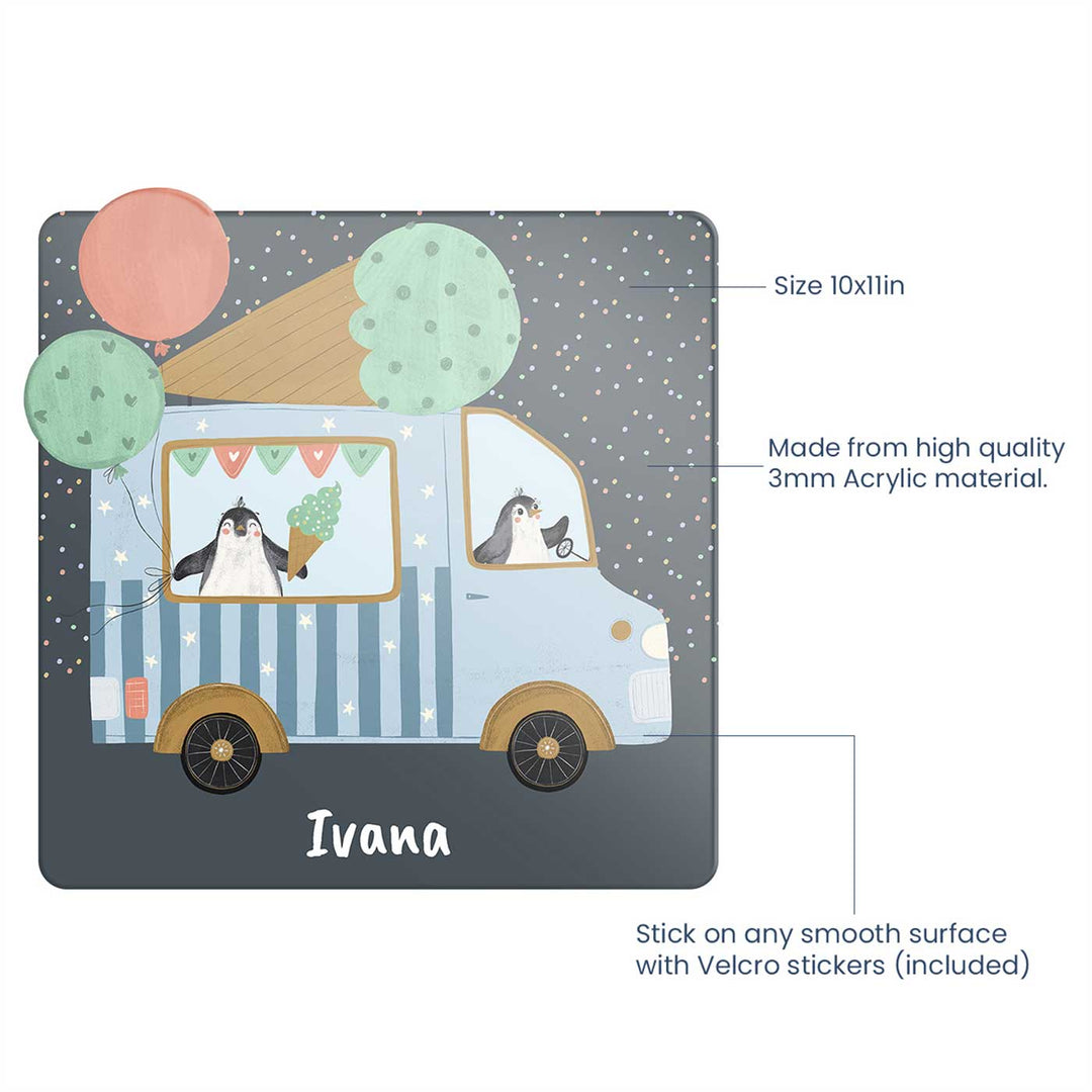 Personalized Ice Cream Fun Theme Acrylic Kids Name Plate - Front View with Size and Material Labels