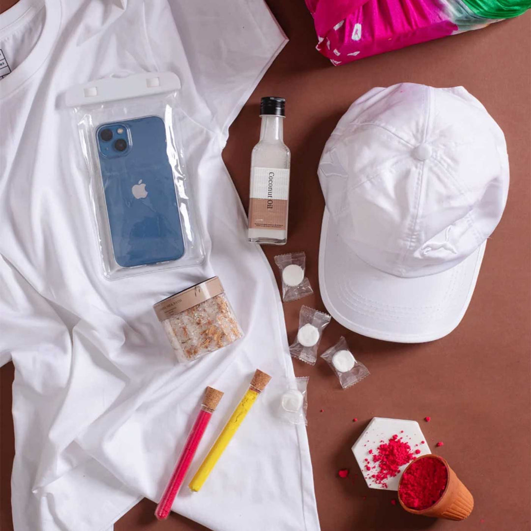 Holi Care Kit | Includes 1 White Cap, 1 White T-Shirt, 1 Bath Salt Jar, 1 Coconut Oil, 1 Waterproof Pouch, 2 Organic Colors in Test Tubes, 4 Face Masks, 1 Gift Box