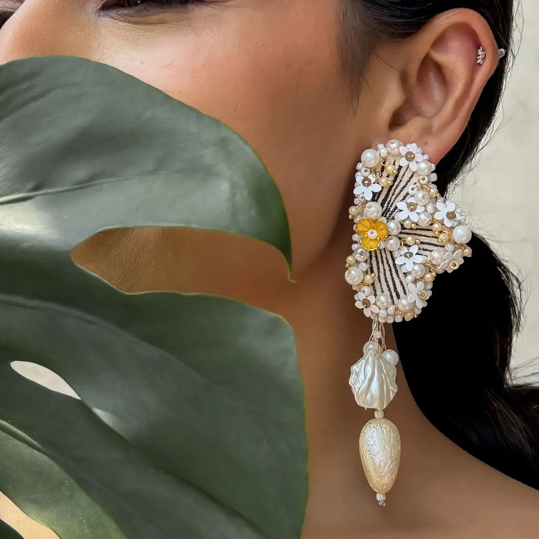 Hand Embroidered Beaded White Regal Heritage Theme Gajra Style Cotton Earrings